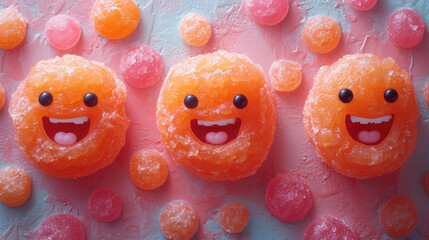 Cheerful wet candies with faces, joy theme.
