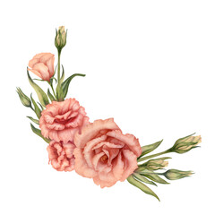 Watercolor pink bouquet with eustoma flowers, leaves and buds in a trendy peach fuzz color for Valentine's Day, horoscope, alchemy, magic, Halloween, health amulet, card, label, postcard, stickers