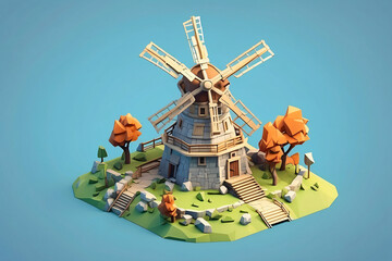 3d render of wooden windmill in isometric style