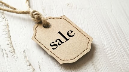 a visually striking image by featuring the word "sale" on a cardboard tag, designed in a modern and minimalist style, against a clean background, evoking a sense of contemporary commerce.