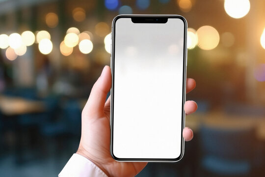 Mockup image of hand holding modern smartphone with blank white screen in cafe