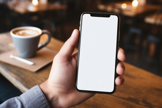 Mockup image of male hands holding smartphone with blank white screen in cafe