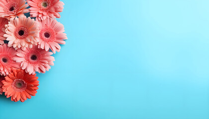 Beautiful coral gerbera flowers on blue background top view. Floral minimalist composition in flat lay style