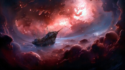 A cosmic panorama showcasing a crimson nebula swirling in the backdrop, while a fleet of enigmatic red-rayed ships sails through the infinite darkness. - obrazy, fototapety, plakaty