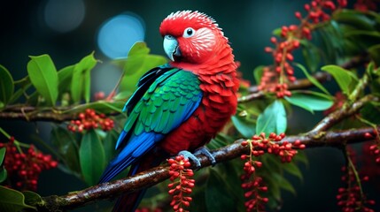 A crimson-winged parrot perches amidst tropical foliage, its scarlet and azure plumage a dazzling sight against the lush greens of the rainforest, a vibrant spectacle.