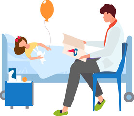 Pediatrician sitting by hospital bed of young girl patient with balloon. Doctor visiting child and writing notes. Child care and medical checkup vector illustration.