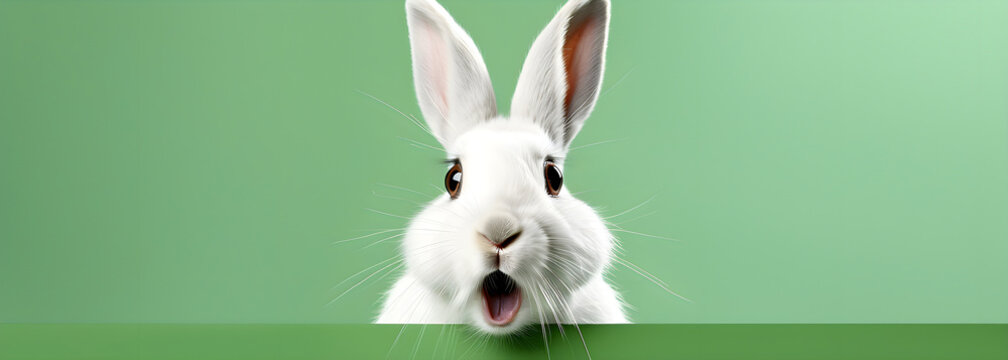 Happy Easter greeting card banner - White Easter bunny rabbit who looks amazed or scared, mouth opened, isolated on green background