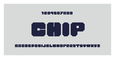 Chip tech font. Printed circuit board typography for technology, engineering, science, gaming, music, logo design. PCB digital lettering. Blue modular letters and numbers. Vector art illustration.