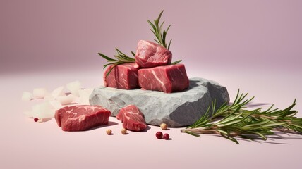 raw meat cubes adorned with a rosemary sprig, clean-lined aesthetics, portraying the animal intensity of the ingredients.