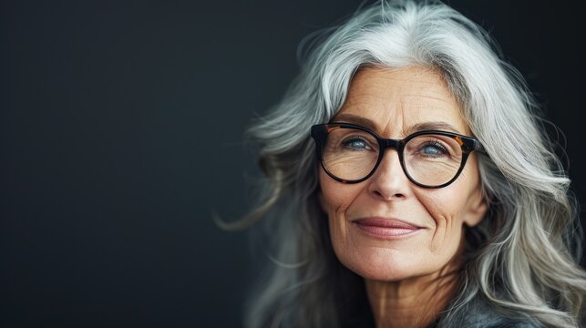  An Older Woman With Gray Hair And Glasses Looking At The Camera With A Serious Look On Her Face, On A Black Background.