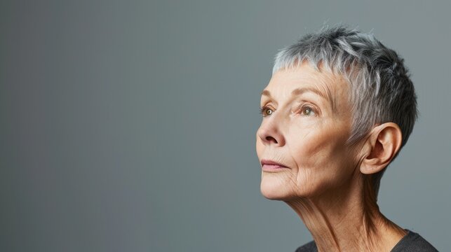  An Older Woman With Gray Hair And A Black Shirt Is Looking Away From The Camera With A Serious Look On Her Face.