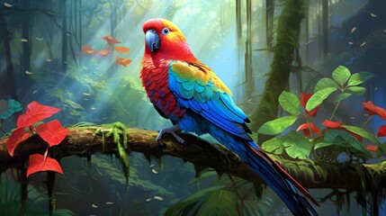 A crimson-winged parrot perches amidst tropical foliage, its scarlet and azure plumage a dazzling sight against the lush greens of the rainforest, a vibrant spectacle.