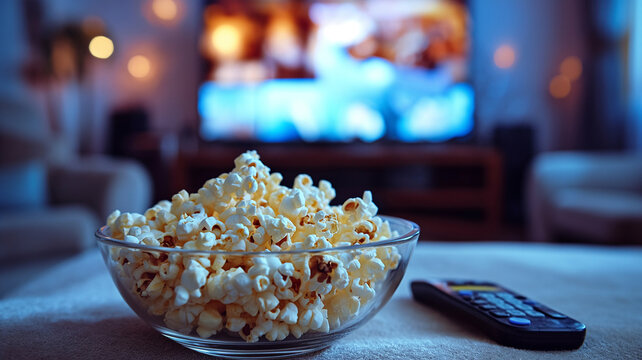 Popcorn in a glass bowl and remote control in front of the TV in a home interior	