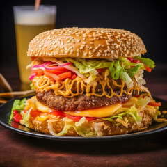 close-up shot of a ramen burger, emphasizing its unique bun made of pressed and fried ramen noodles, with colorful burger toppings.
