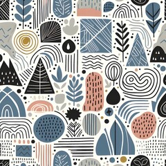 Abstract seamless pattern with hand drawn shapes.

