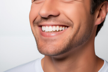 Fototapeta premium Teeth Perfection: Smiling Young Man Displays Immaculate Grin in Studio Photo