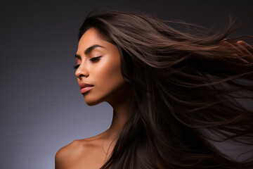 Fototapeta premium Hair Flow Harmony: Close-Up of Beautiful Woman in Shampoo Ad. Isolated on White Background. Ad for Shampoo Conditioner Hair Products
