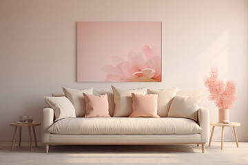 Fototapeta na wymiar Soft Palette Delight: Beige Sofa with Pastel Accents in Scandinavian Home