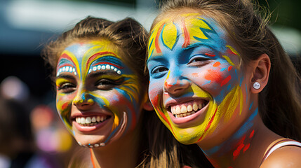 Obraz premium Friends united in celebration at the colorful Holi festival.