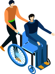 Person assisting another person in a wheelchair, depiction of disability care and support. Caregiver helping disabled man. Assistance and accessibility services vector illustration.