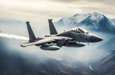 Fototapeta na wymiar Military Fighter Jet flight in the Cloudy Sky background. Military Wallpaper