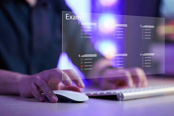 Exam. online exam, choose correct answer in test. adult student do test examination with multiple...