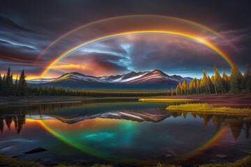 two rainbows over a lake with mountains in the background - obrazy, fototapety, plakaty