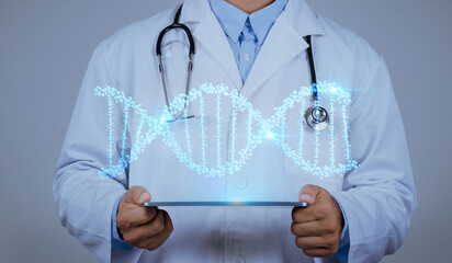 Unrecognizable doctor embraces augmented reality to fine-tune virtual DNA with CRISPR for patients