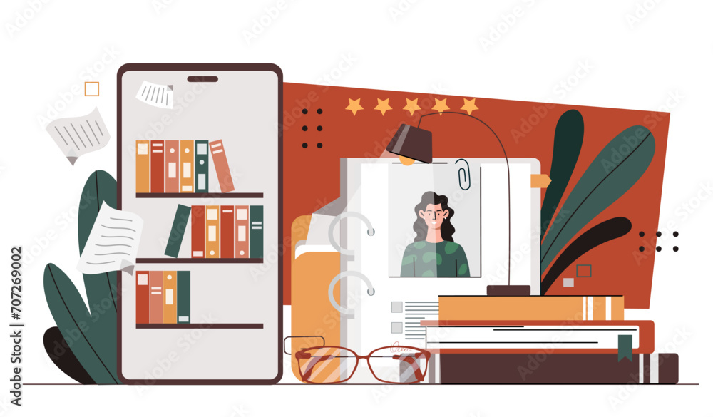 Poster archive with documents concept. stack of books in digital library. electronic storage and protection