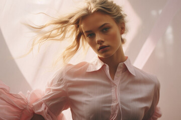 Naklejka premium Fashion beautiful sensual woman with blond hair in elegant clothes posing in studio