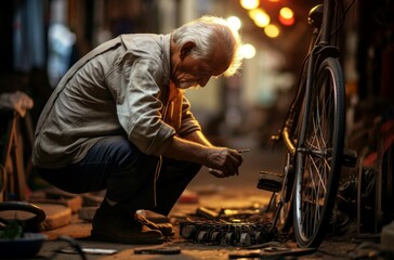 Meticulous Senior man repair electric bike outdoor. Person one vehicle electrical. Generate Ai