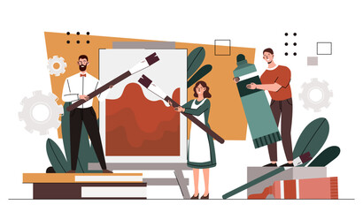 Artists painting concept. Men and woman with paintings and brushes near canvas. Creativity and art. People together in workshop or studio. Cartoon flat vector illustration isolated on white background