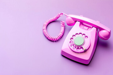 Pink retro phone on purple background. 80s or 90s retro fashion aesthetic. Retro object, gadget,...