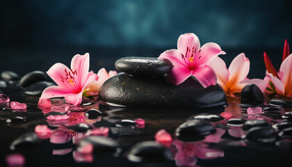 Obraz na płótnie Canvas beautiful pink spa flowers on spa hot stones on water wet background. side composition. copy space. spa concept. dark background
