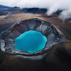 Aerial view of volcanic crater lake in Krafla volcano, Iceland. AI.