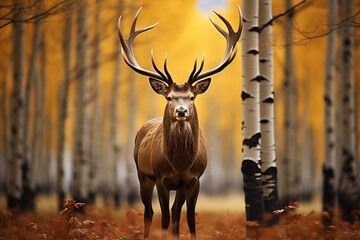 Majestic Red Deer in Golden Autumn Birch Grove - Wildlife Photography Print for Sale