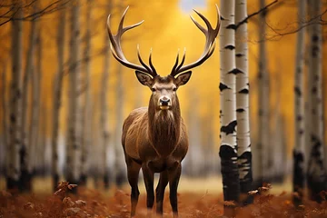 Foto op Plexiglas Majestic Red Deer in Golden Autumn Birch Grove - Wildlife Photography Print for Sale © Александр Клюйко