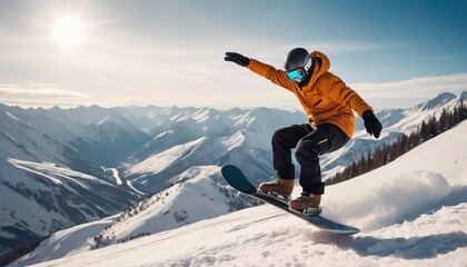 Fototapeta na wymiar skiing, a snowboarder performs a trick in the mountains, winter sports, a guy snowboarding, a man going down a steep slope on a snowboard