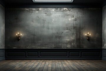 Dark minimalist living room at night with glimmers of interior lighting. - obrazy, fototapety, plakaty