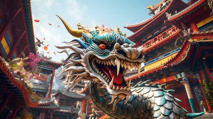Fototapeta premium 3D chinese dragon on the street in the city while chinese new year festival. Chinese Dragon Background