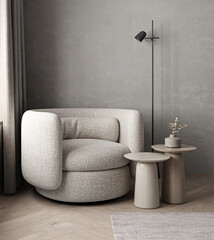 Textured fabric armchair with modern side tables and minimalist floor lamp in a contemporary living space