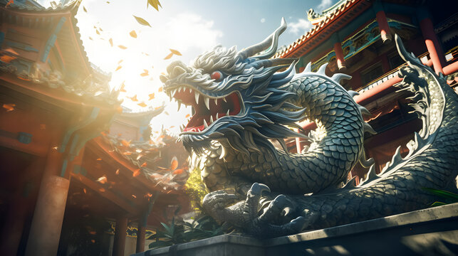 3D chinese dragon on the street in the city while chinese new year festival. Chinese Dragon Background