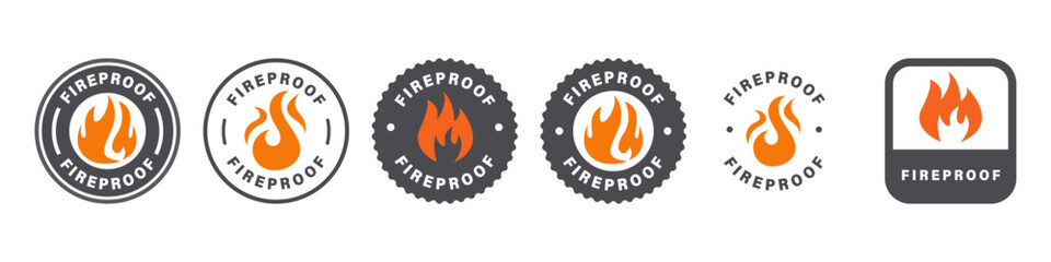 Fireproof Vector Label Collection. Flame resistant signs. - obrazy, fototapety, plakaty