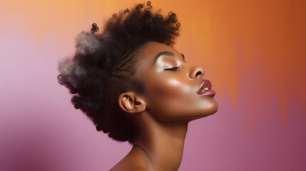 Fototapeta na wymiar Beautiful african american woman with afro hairstyle on color background