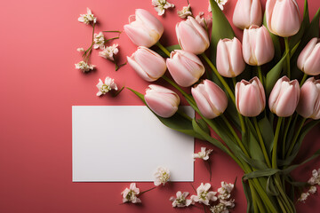 Blank greeting card in frame made of punk tulips, flowers on pink background. Wedding invitation. Mock up