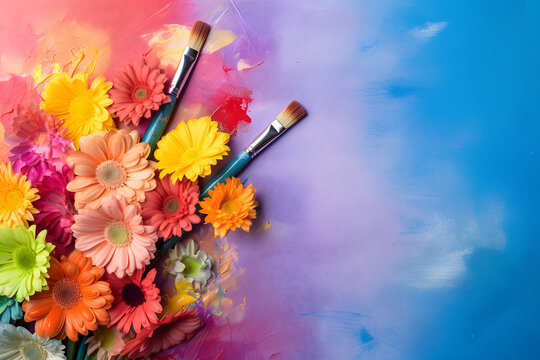 watercolor brush and watercolor painting with flowers and paint brush on colorful rainbow background. Flat lay, copy space banner