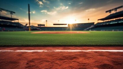 closeup of a baseball field from home plate at sunset --ar 16:9 --v 5.2 Job ID: 46f738a6-45cf-4118-b837-3d7eaf10a7bf