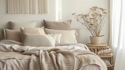Pastel beige and grey bedding on bed. Minimalist, French country interior design of modern bedroom.