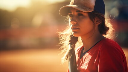 closeup of a woman softball player standing on a softball field looking away from camera in the sun - obrazy, fototapety, plakaty