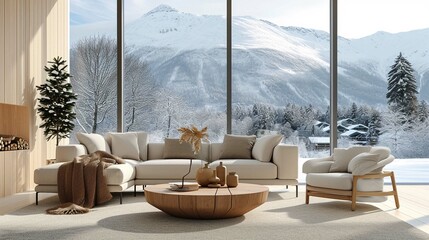 Scandinavian minimalist home interior design of modern living room. Round wooden coffee table near beige sofa and armchair against floor to ceiling panoramic window with winter mountain view.